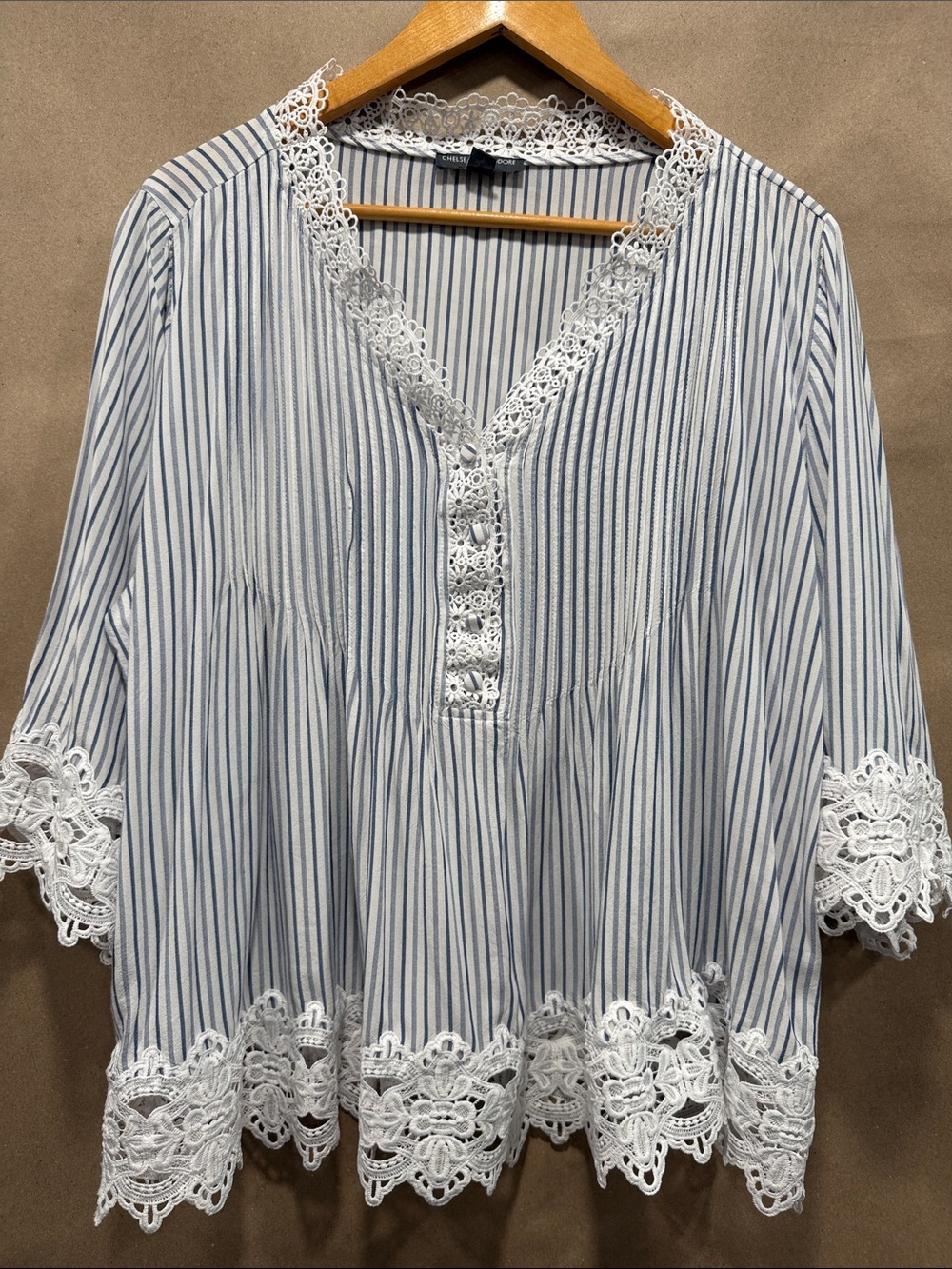 Chelsea & Theodore Blue and White Lace-Trim Striped Tunic